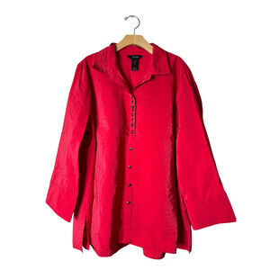 Ali Miles Plus 1X Red Art-to-Wear Button-Up 3/4 Sleeve Collared Shirt